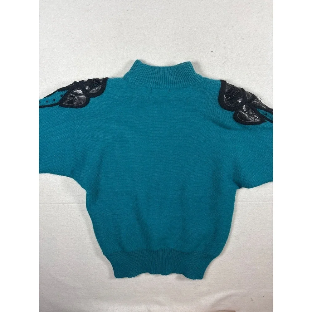 Vintage Teal Sweater With Black Shoulder Appliques & Ribbed Crew Neck‎ size 8
